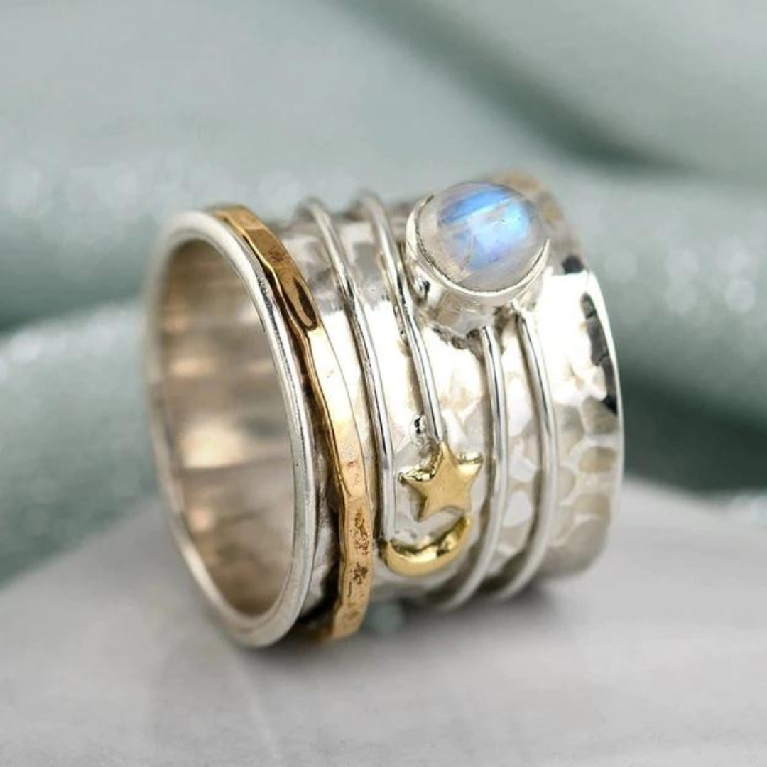 Star and Moon Moonstone Silver & Gold Artisan Ring