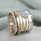 Star and Moon Moonstone Silver & Gold Artisan Ring