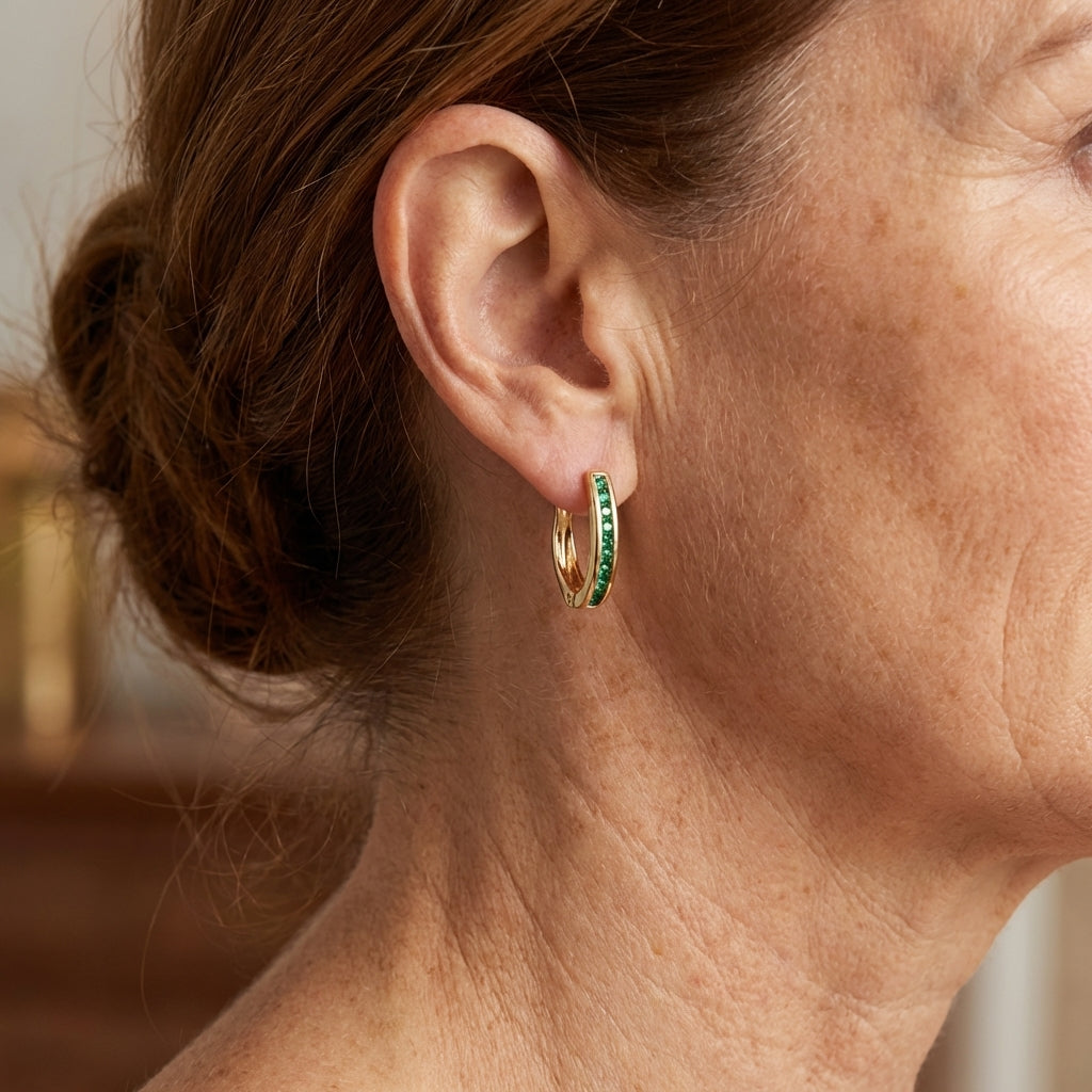 Classic Gold Plated Zirconia Gemstone Hinged Hoop Earrings