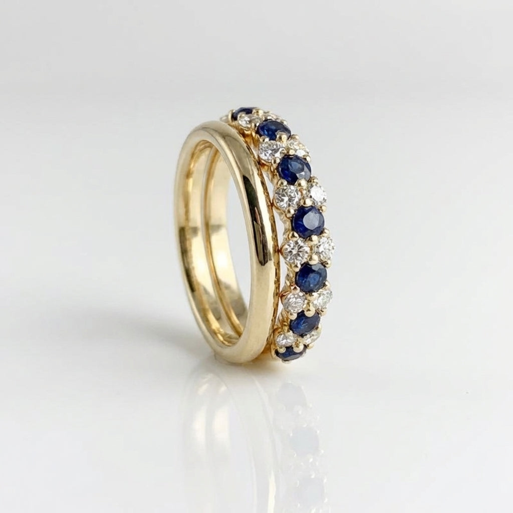 Elegant Geometric Blue Zirconia Studded Gold Plated Band Ring