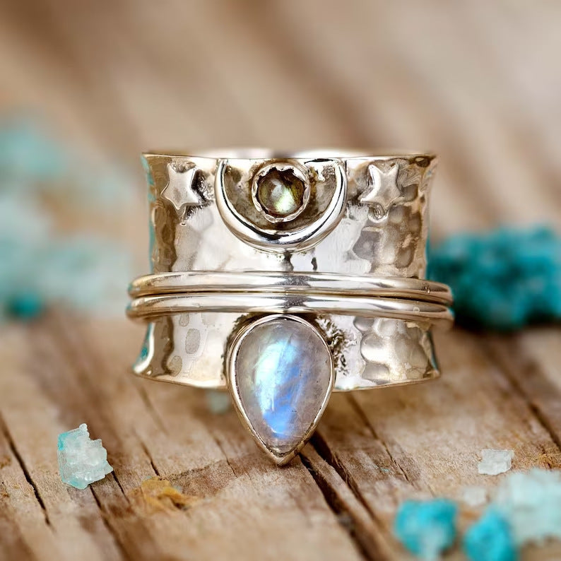 Elegant Moon Stone Star and Moon Wide Ring