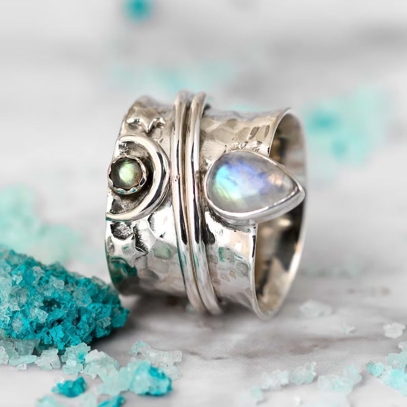 Elegant Moon Stone Star and Moon Wide Ring