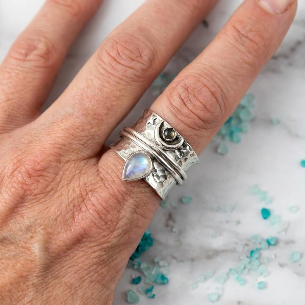 Elegant Moon Stone Star and Moon Wide Ring