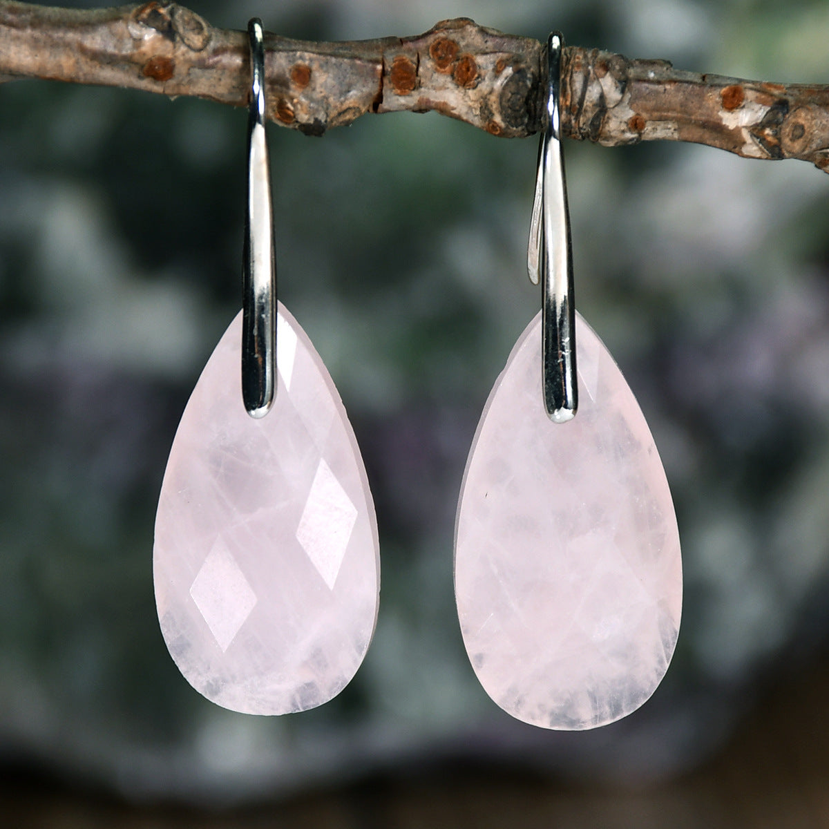 Elegant Natural Stone Rose Quartz Teardrop Earrings