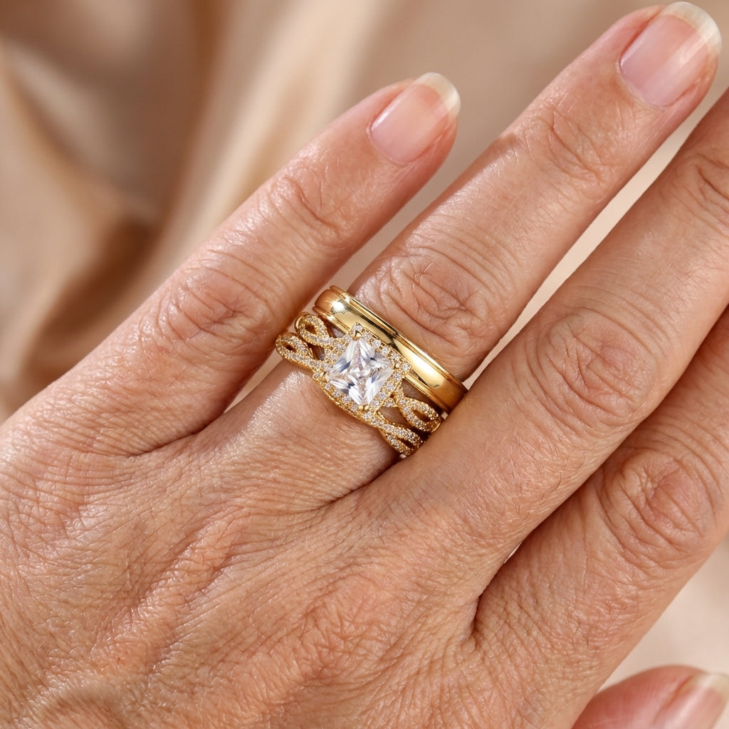 Elegant Three Piece Set Full Zircon Princess Cut Diamond Rings