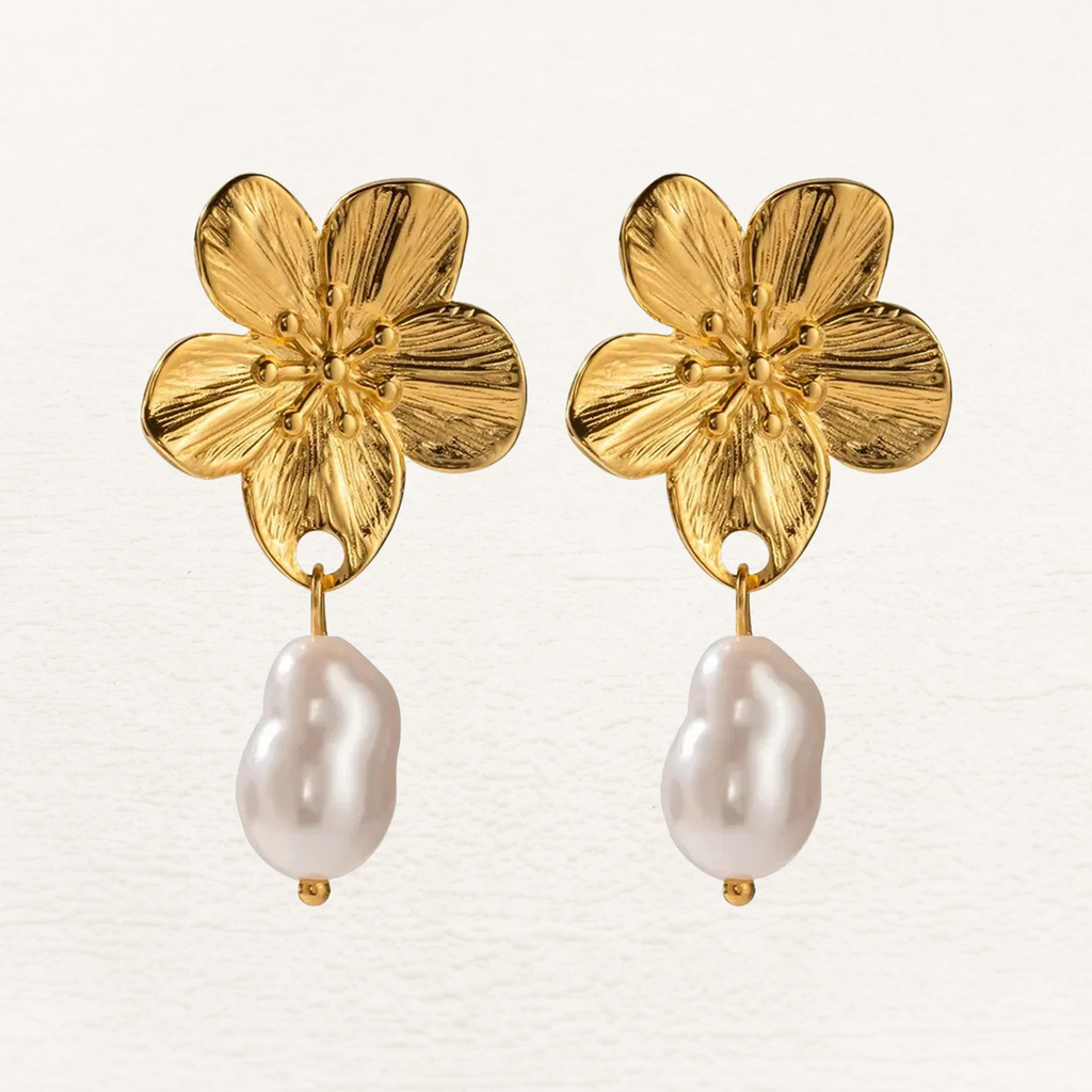 Ember Pearl Blossom Flower Earrings Gold