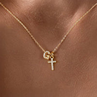 Dainty Diamond Initial & Cross Pendant Necklace