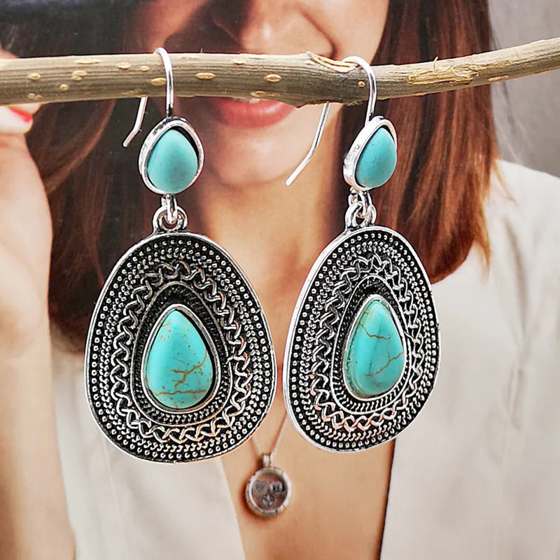 Bohemian Silver Tone Teardrop Turquoise Filigree Earrings