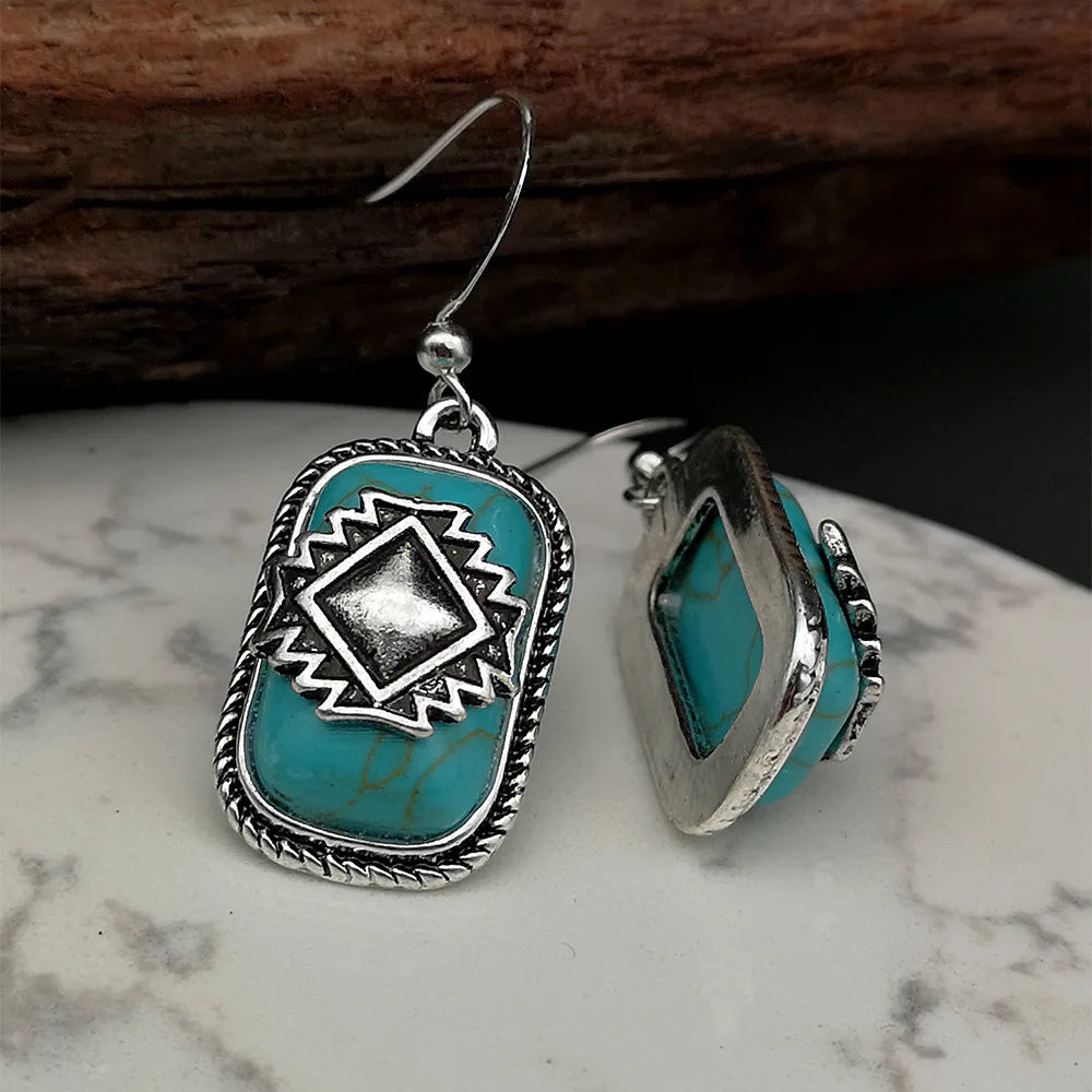 Bohemian Vintage Aztec Geometric Turquoise Drop Earrings