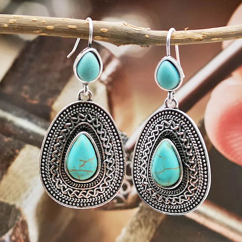 Bohemian Silver Tone Teardrop Turquoise Filigree Earrings