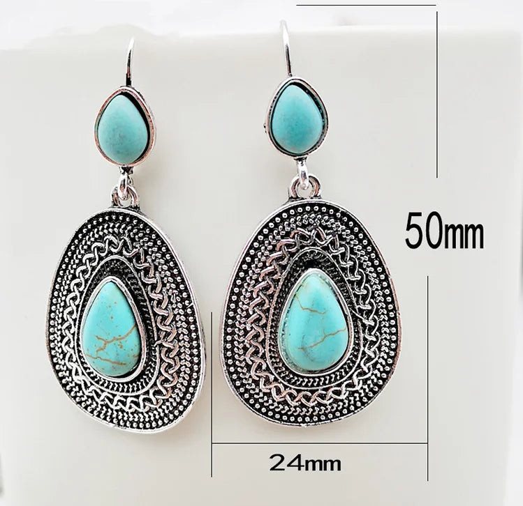 Bohemian Silver Tone Teardrop Turquoise Filigree Earrings