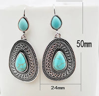 Bohemian Silver Tone Teardrop Turquoise Filigree Earrings