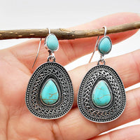 Bohemian Silver Tone Teardrop Turquoise Filigree Earrings