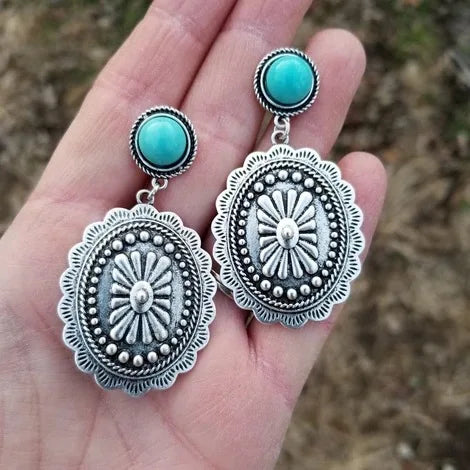 Western Boho Silver Plated Turquoise Concho Drop Earrings