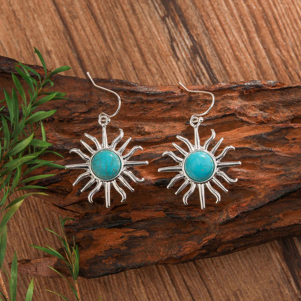 Western Boho Sun Shape Turquoise Drop Earrings