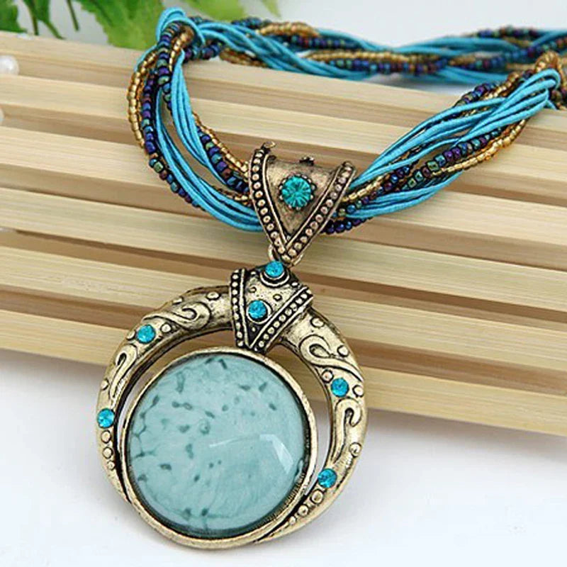 Vintage Green Crystal Ethnic Pendant Necklace