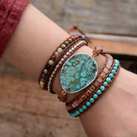Handmade Natural Ocean Jasper Leather Wrap Bracelet