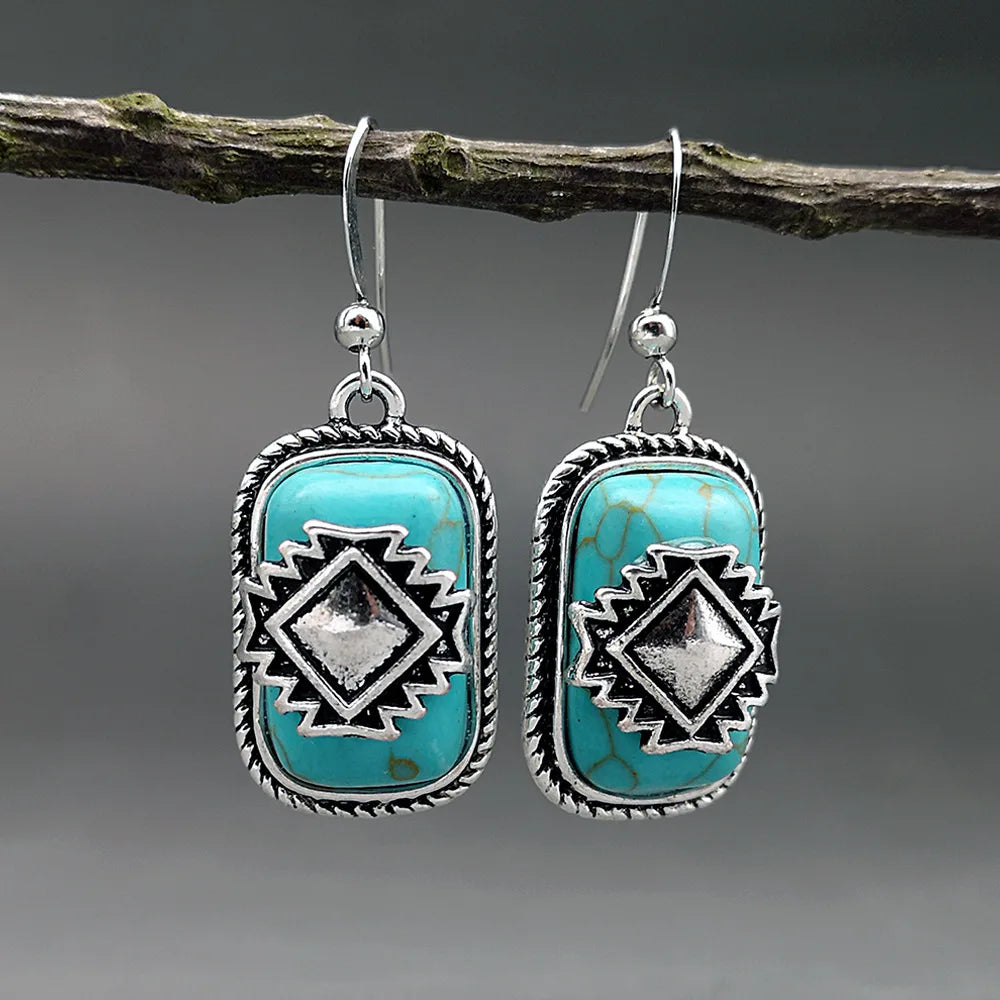 Bohemian Vintage Aztec Geometric Turquoise Drop Earrings