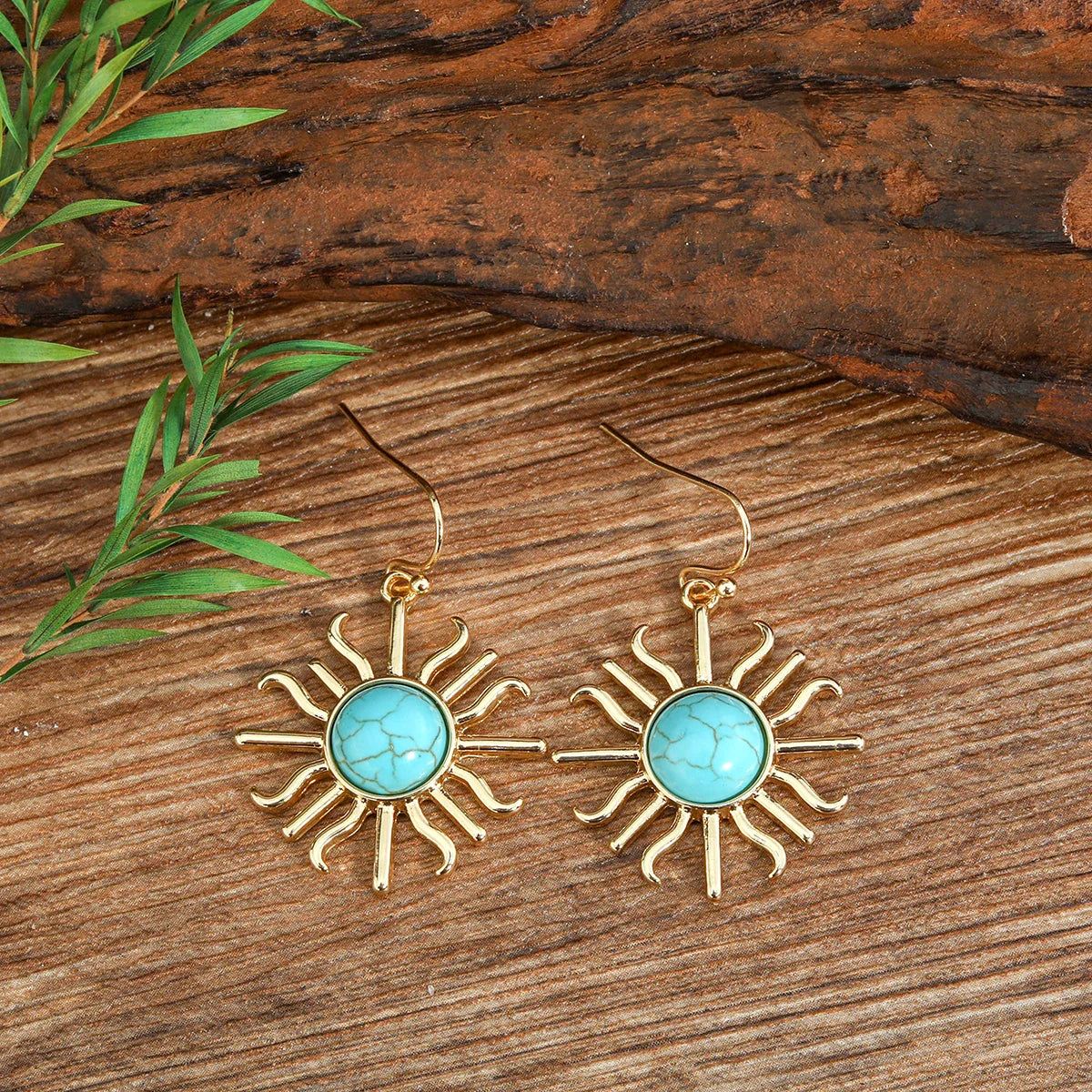 Western Boho Sun Shape Turquoise Drop Earrings