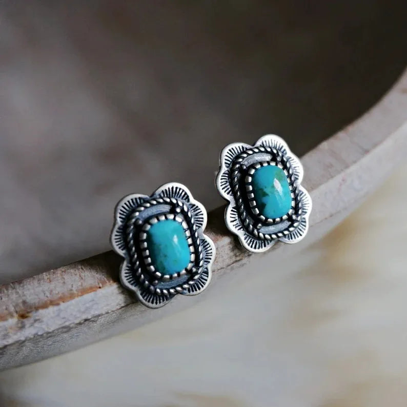 Vintage Silver Tone Turquoise Flower Stud Earrings