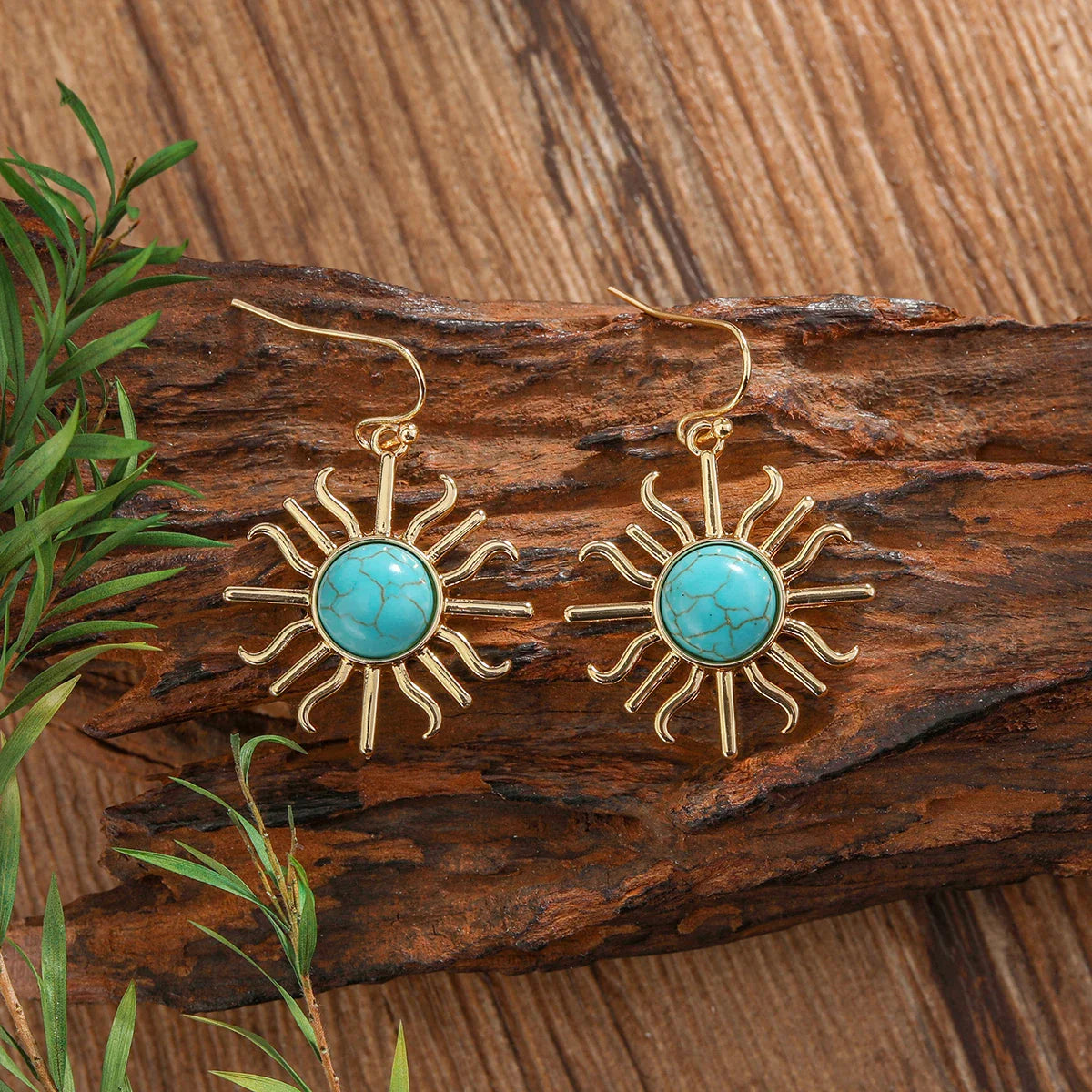 Western Boho Sun Shape Turquoise Drop Earrings