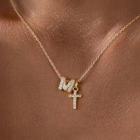 Dainty Diamond Initial & Cross Pendant Necklace