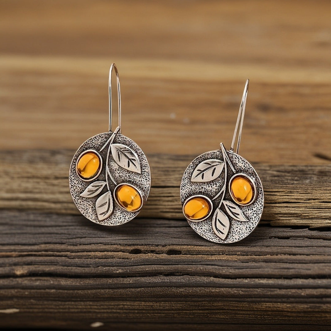 Vintage Nature Design Amber Leaf Disc Earrings