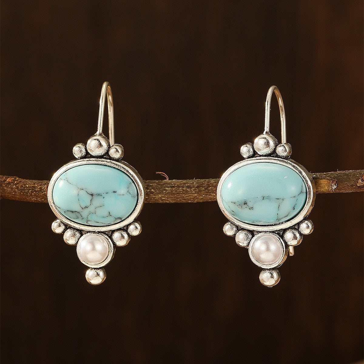 Vintage Silver Plated Turquoise & Pearl Drop Earrings