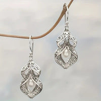 Vintage Bohemian Carved Pattern Faux Pearl Pendant Earrings