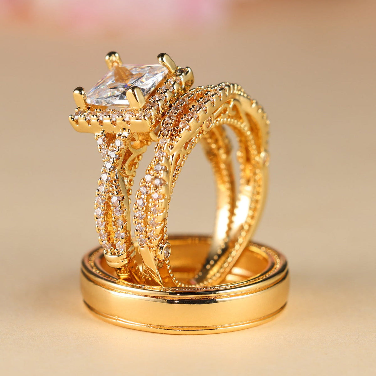 Elegant Three Piece Set Full Zircon Princess Cut Diamond Rings