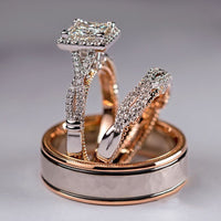 Elegant Three Piece Set Full Zircon Princess Cut Diamond Rings