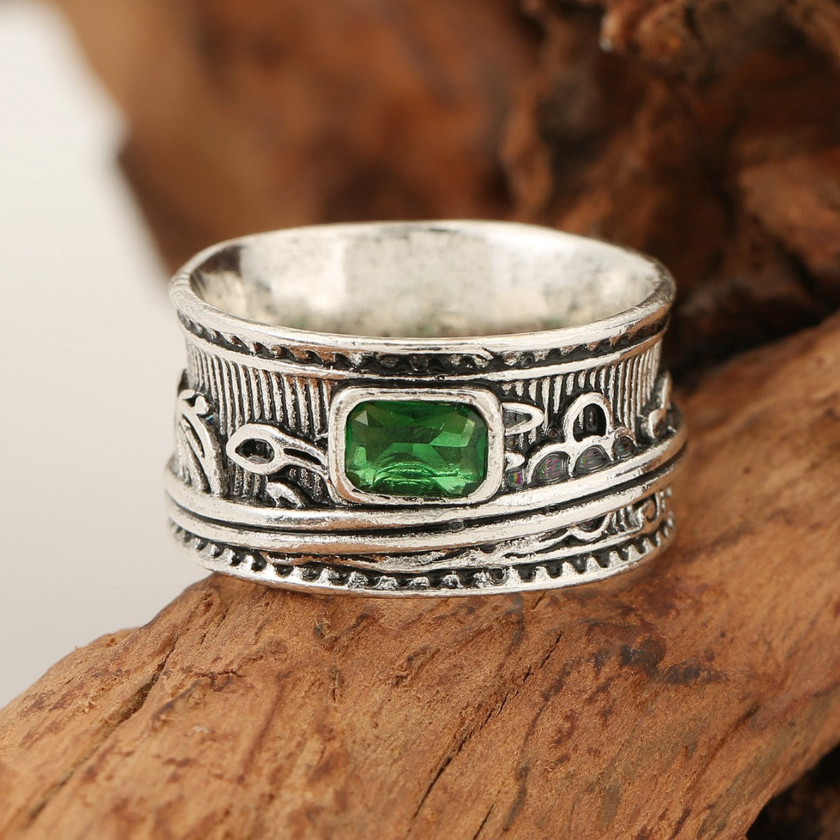 Vintage Bohemian Wide Band Zirconia Silver Plated Ring