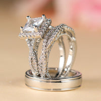 Elegant Three Piece Set Full Zircon Princess Cut Diamond Rings