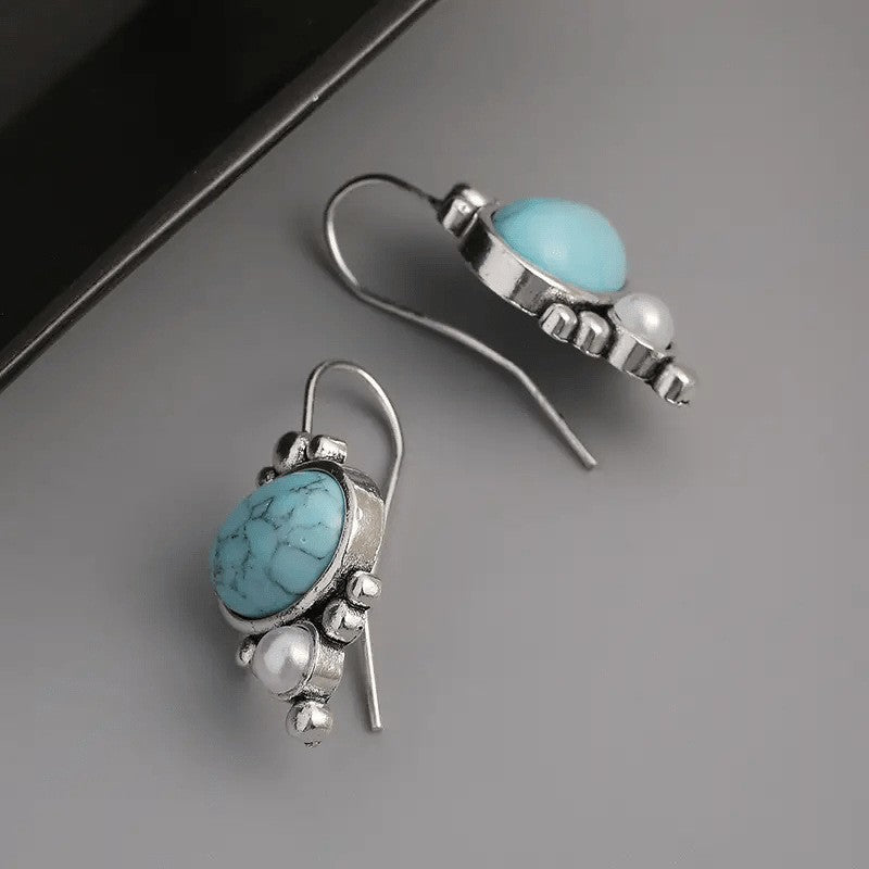 Vintage Silver Plated Turquoise & Pearl Drop Earrings