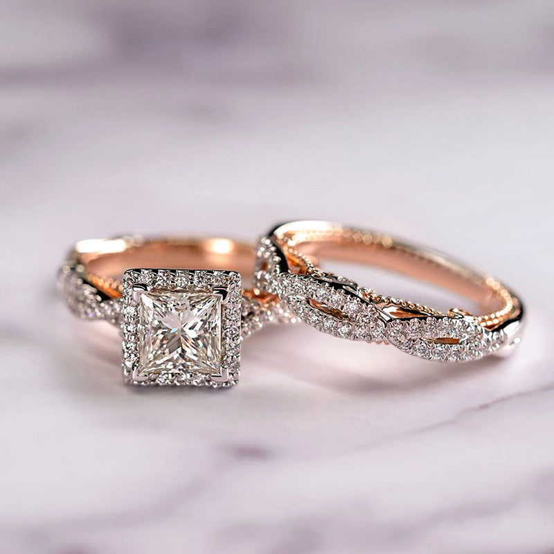 Elegant Three Piece Set Full Zircon Princess Cut Diamond Rings