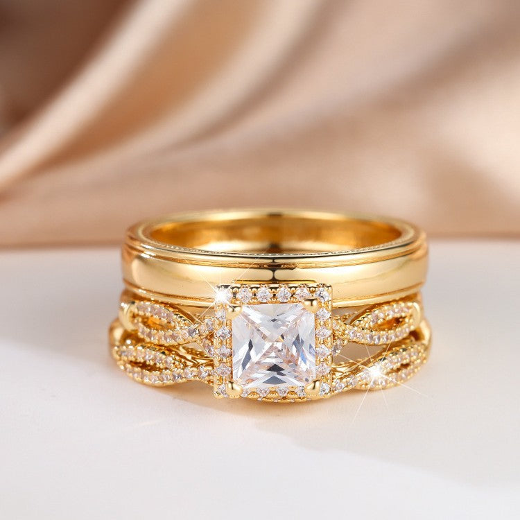 Elegant Three Piece Set Full Zircon Princess Cut Diamond Rings