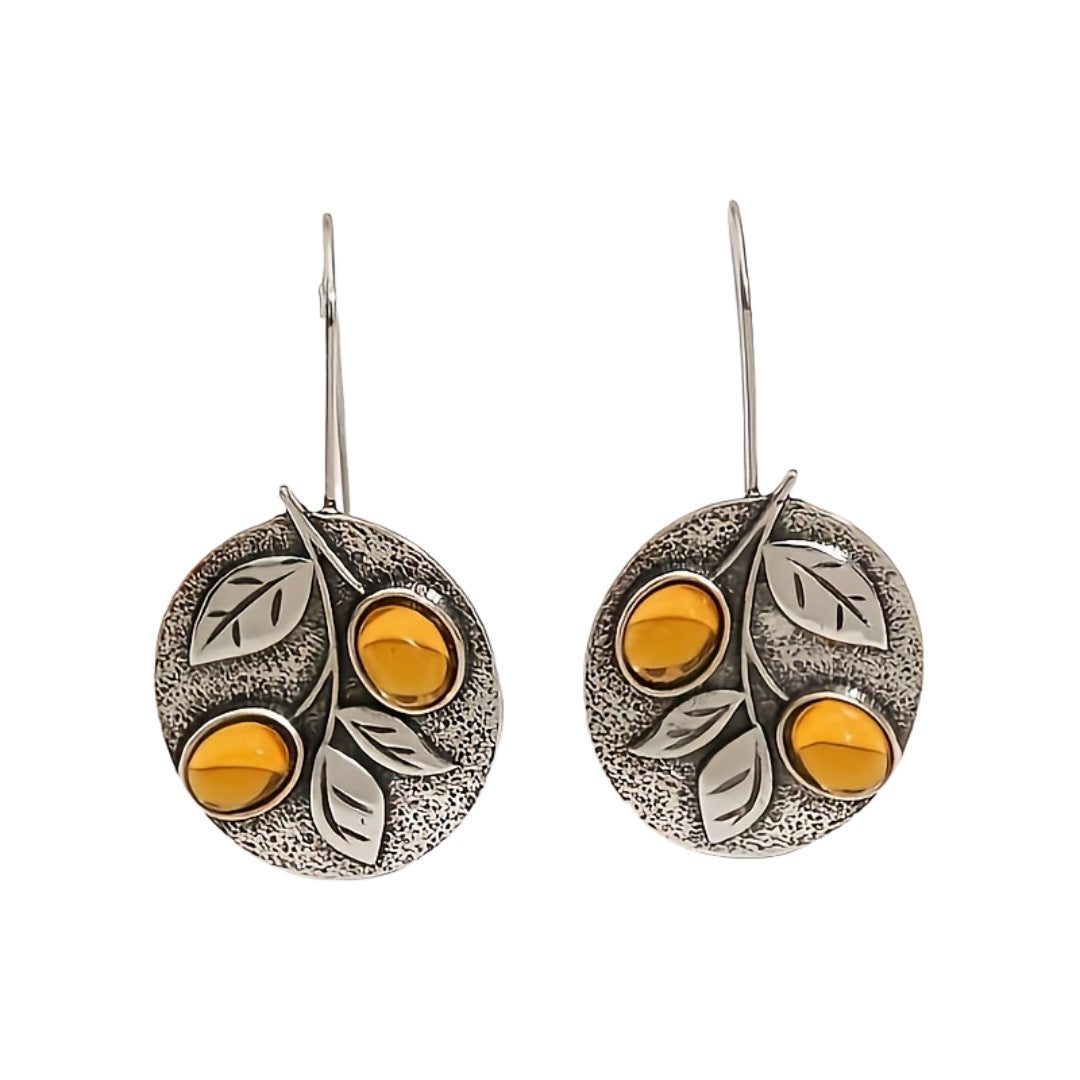 Vintage Nature Design Amber Leaf Disc Earrings