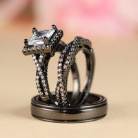 Elegant Three Piece Set Full Zircon Princess Cut Diamond Rings