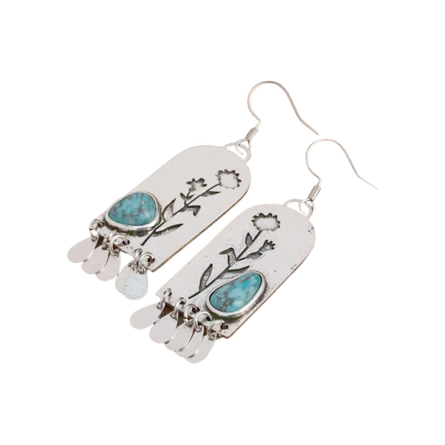 Vintage Silver Design Turquoise Floral Fringe Earrings
