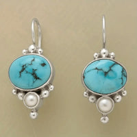 Vintage Silver Plated Turquoise & Pearl Drop Earrings