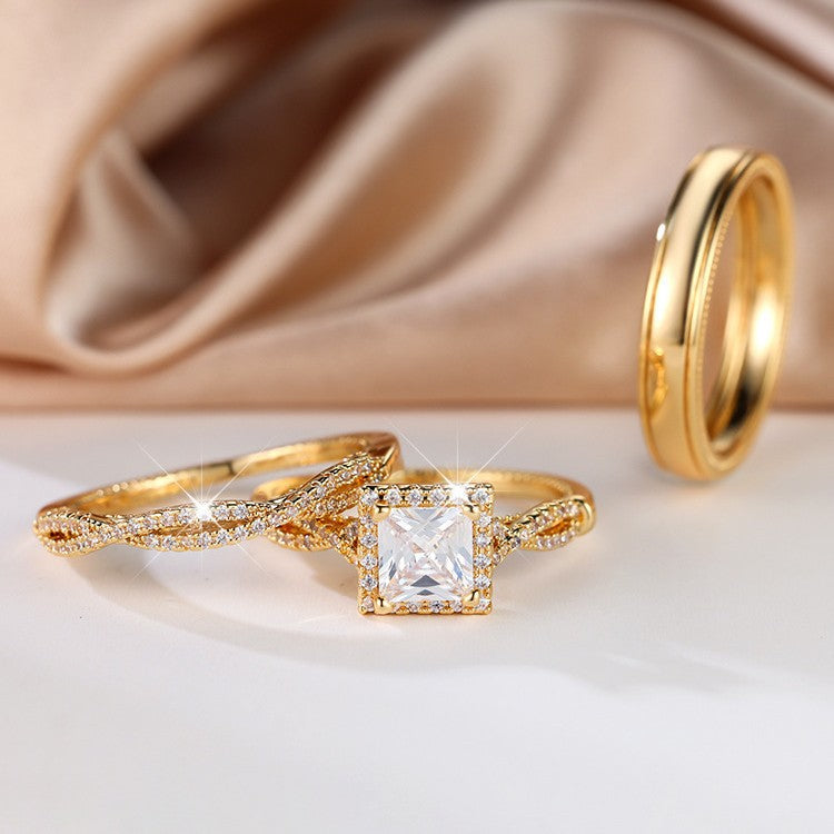 Elegant Three Piece Set Full Zircon Princess Cut Diamond Rings