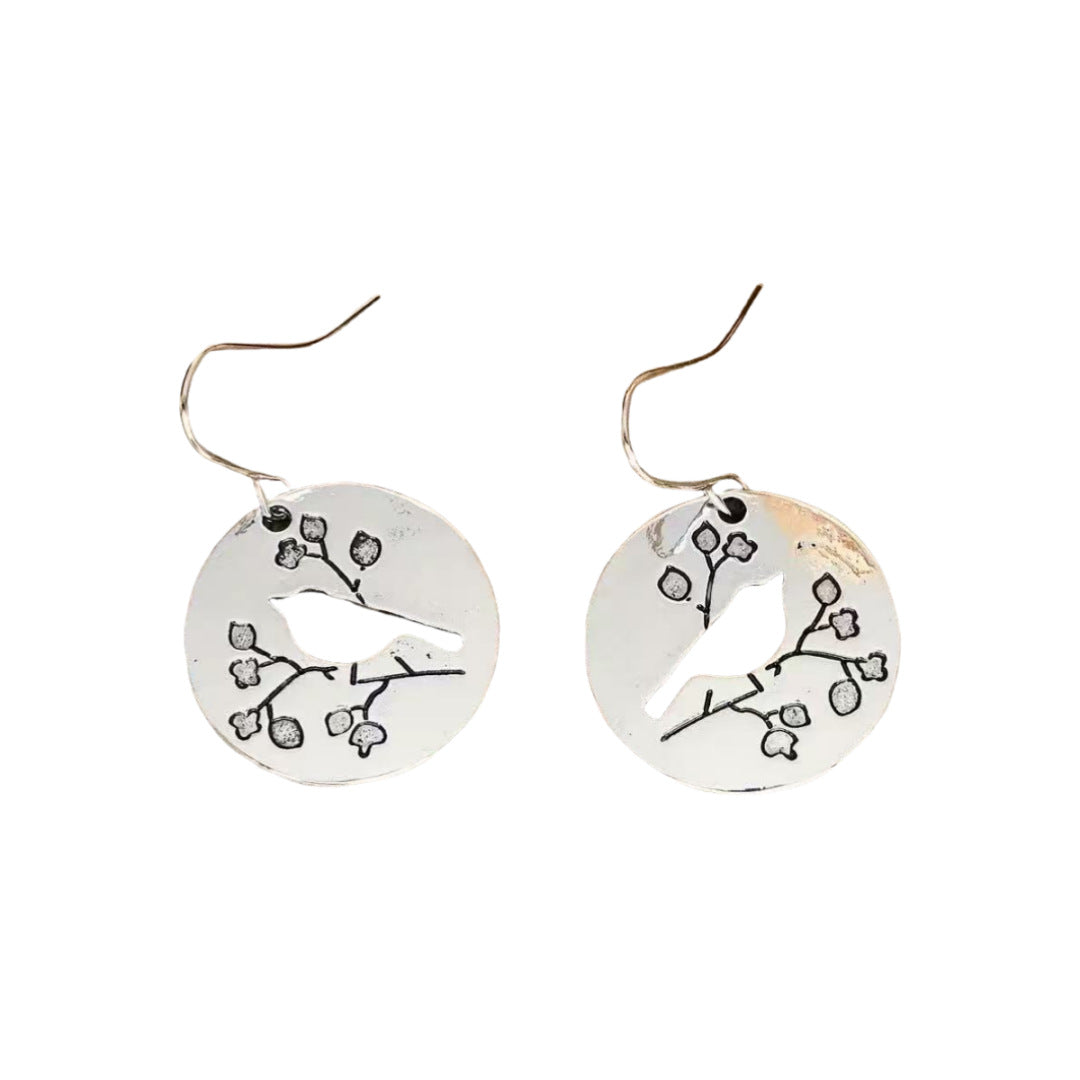 Vintage Silver Design Bird Medallion Drop Earrings