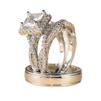 Elegant Three Piece Set Full Zircon Princess Cut Diamond Rings