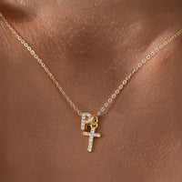 Dainty Diamond Initial & Cross Pendant Necklace