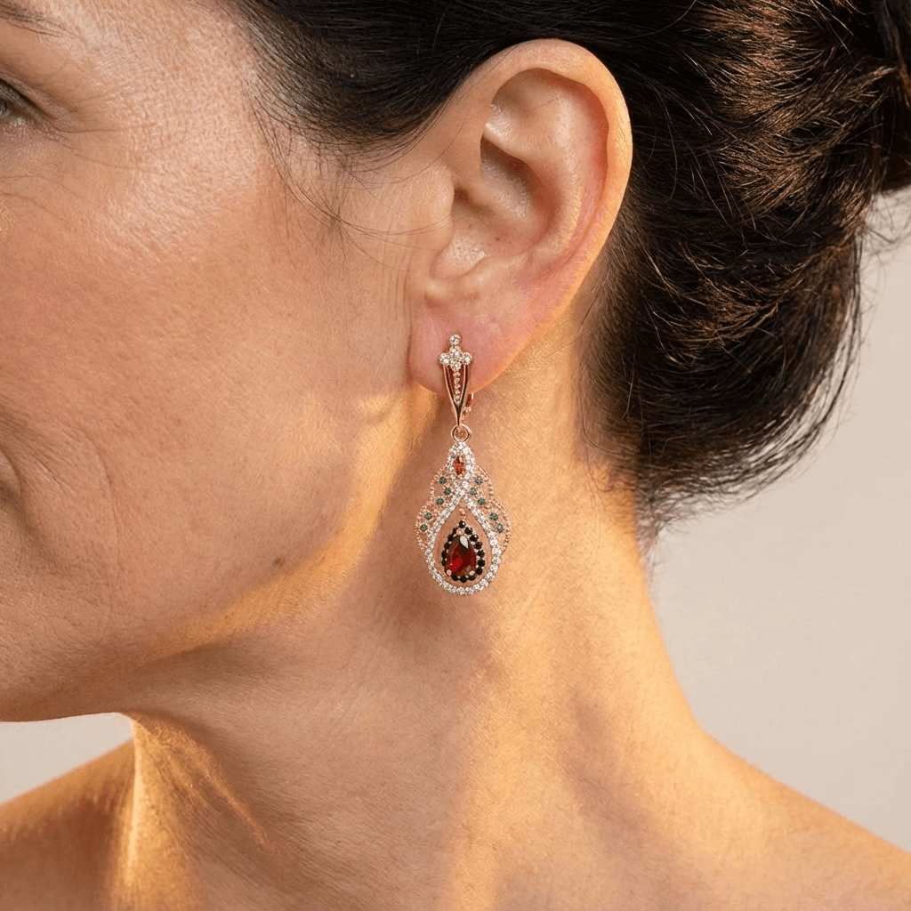 Red Mandala Earrings with Zirconia in Gold