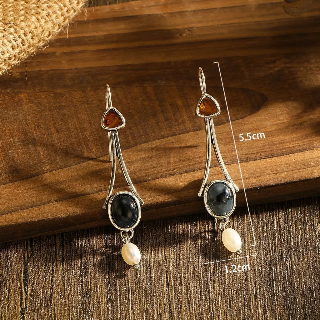 Silver Tri-Stone Pearl Drop Earrings