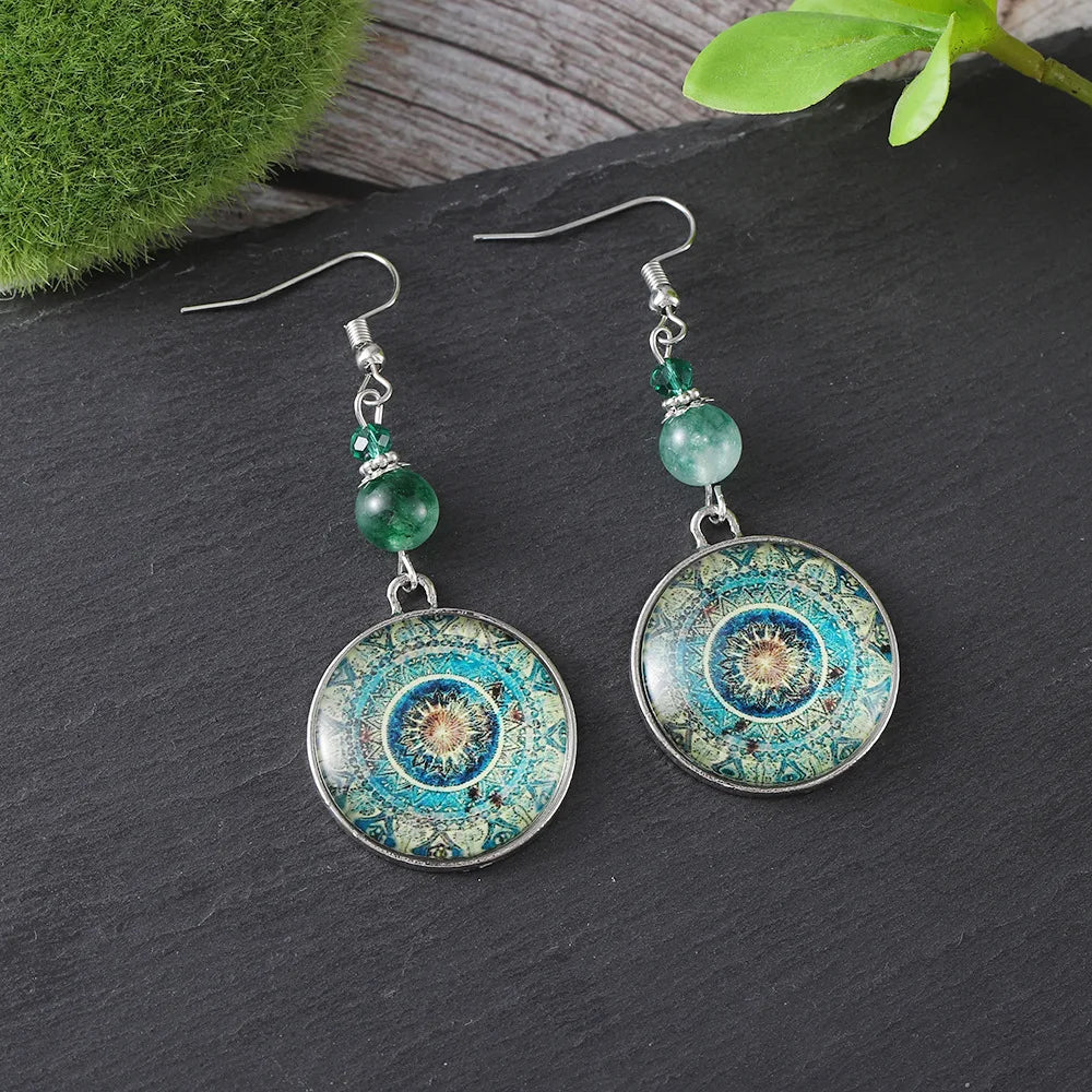 Boho Mandala Glass Disc Drop Earrings