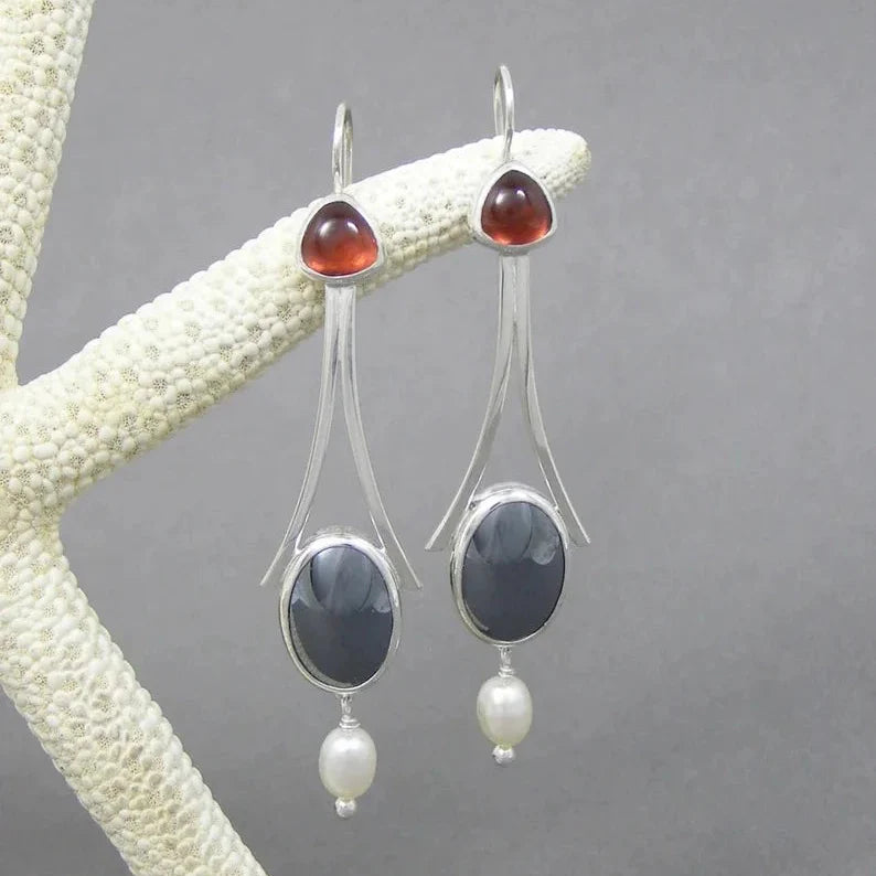 Silver Tri-Stone Pearl Drop Earrings