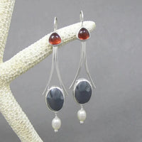 Silver Tri-Stone Pearl Drop Earrings