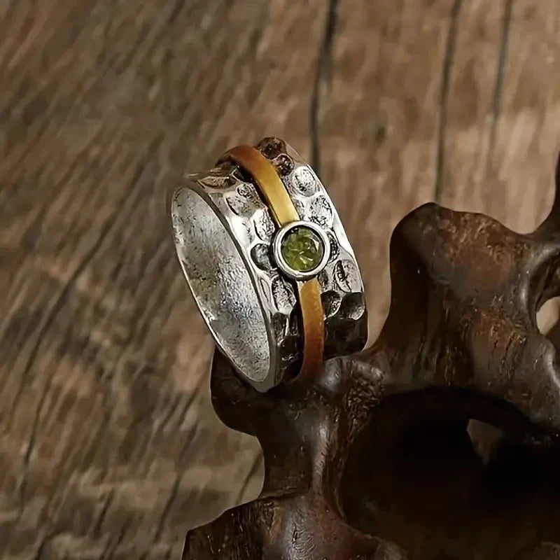 Hammered Silver & Gold Peridot Band Ring